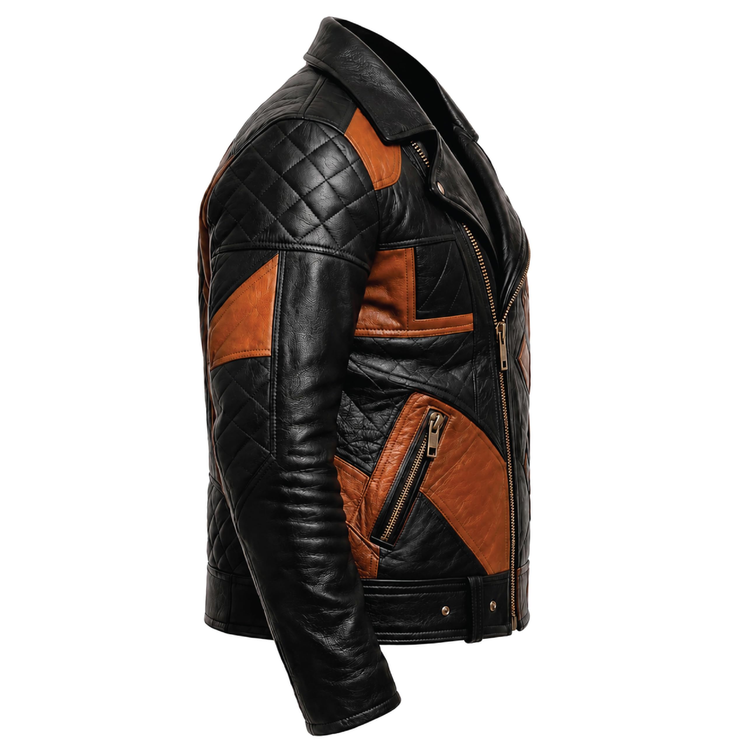 Timber&Hide Men's Patchwork Leather Biker Jacket | Handmade Motorcycle Jacket | Gothic Cross Back Patch | Vintage Cafe Racer Coat | Genuine Leather Jacket