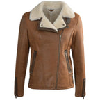 Women's Tan Leather Aviator Jacket, Sheepskin Shearling Bomber Coat, Faux Fur Collar