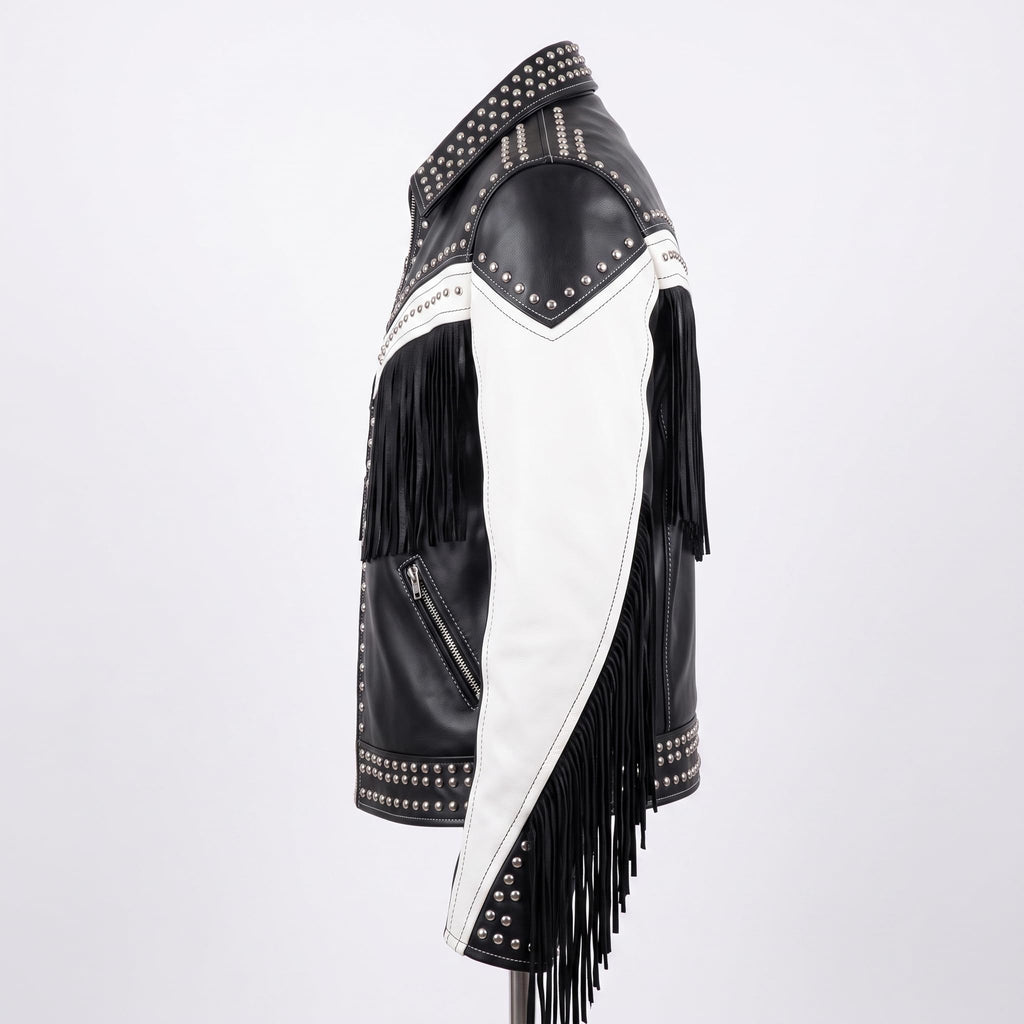 Handmade Western Fringe Leather Jacket: Studded Cowboy Biker Coat