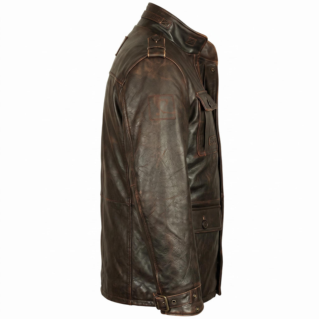 Men's Distressed Brown Leather Field Jacket | Military Utility Coat