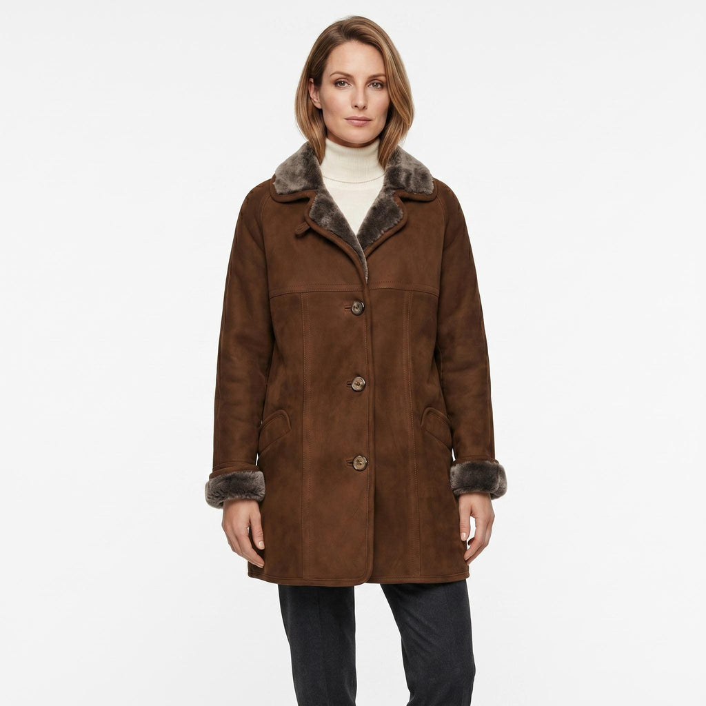 Women's Suede Leather Shearling Coat: Penny Lane Style Winter Jacket