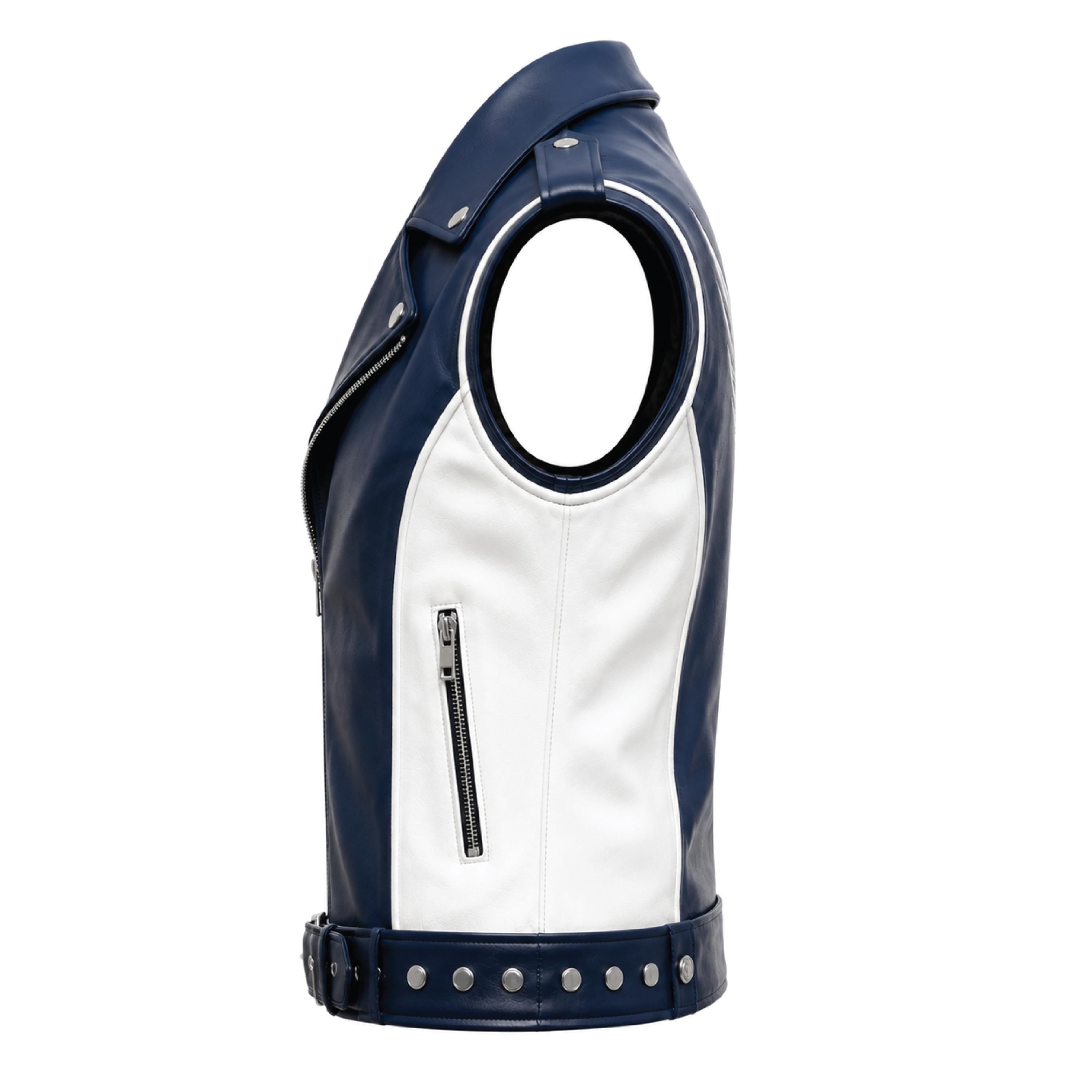 Men's Blue White Leather Biker Vest | Phoenix Print Motorcycle Riding Waistcoat