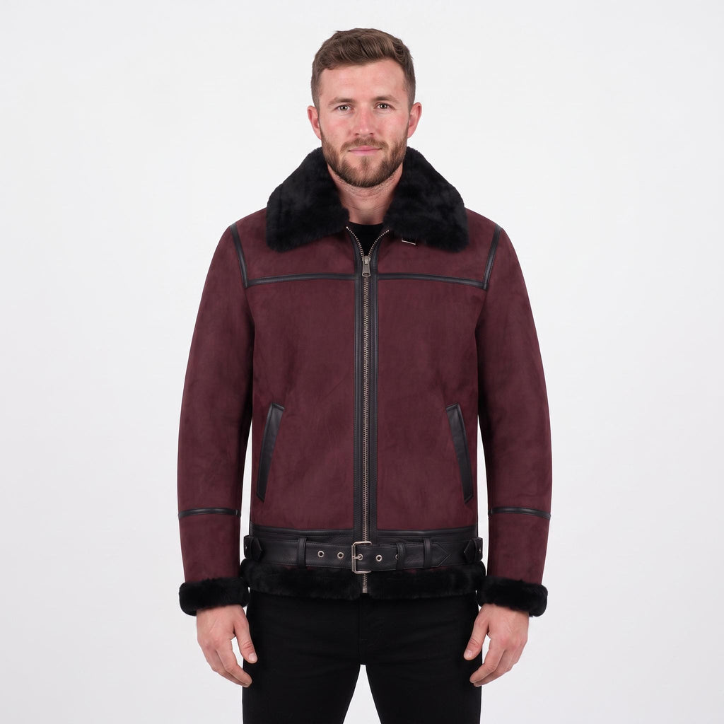 Men's Suede Shearling Aviator Jacket, Brown Leather Trim Biker Style