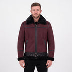 Men's Suede Shearling Aviator Jacket, Brown Leather Trim Biker Style