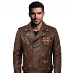 Road King Vintage Leather Jacket - Winged Skull & "Ride to Live" Biker Design