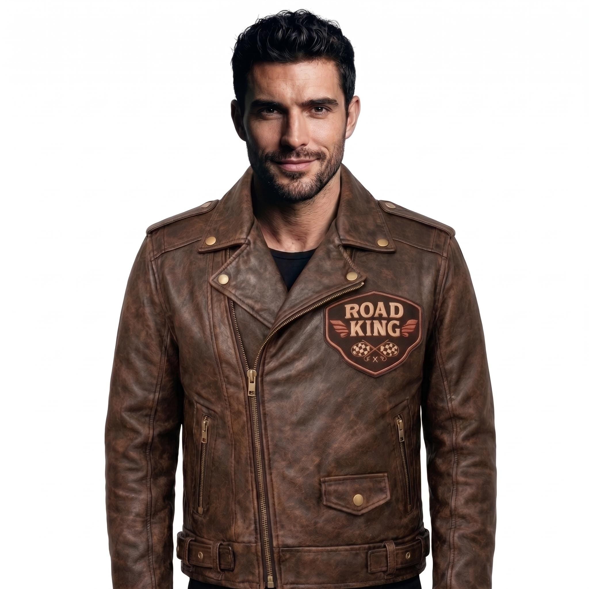 Road King Vintage Leather Jacket - Winged Skull & "Ride to Live" Biker Design