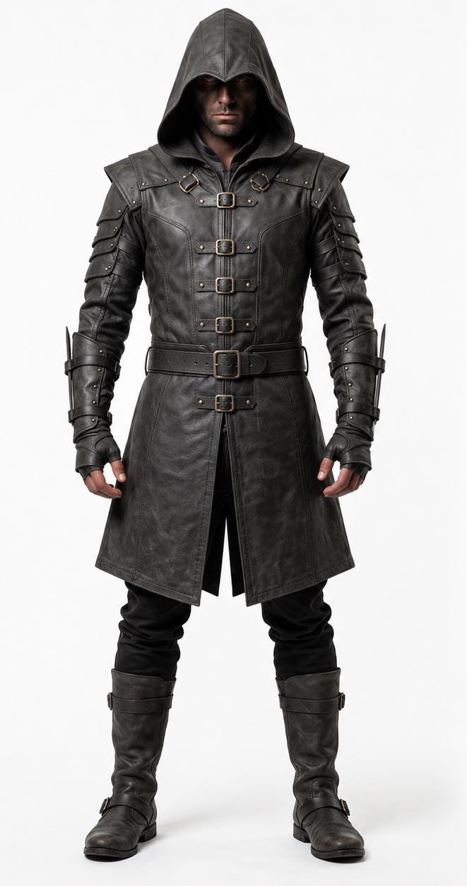 Men's Hooded Leather Assassin Coat | Medieval Ranger Trench LARP Cosplay Jacket