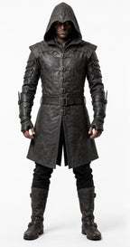 Men's Hooded Leather Assassin Coat | Medieval Ranger Trench LARP Cosplay Jacket