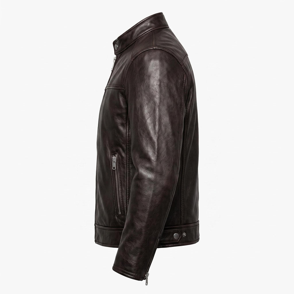 Biker Club V-Twin Engine Leather Jacket - Winged Motor Graphic Cafe Racer