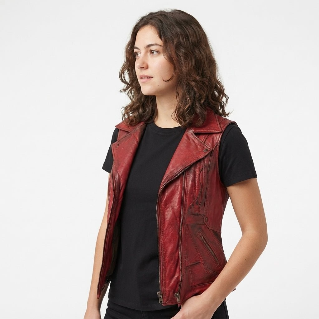 Emily Red Distressed Leather Vest for Women - Timber AND Hide