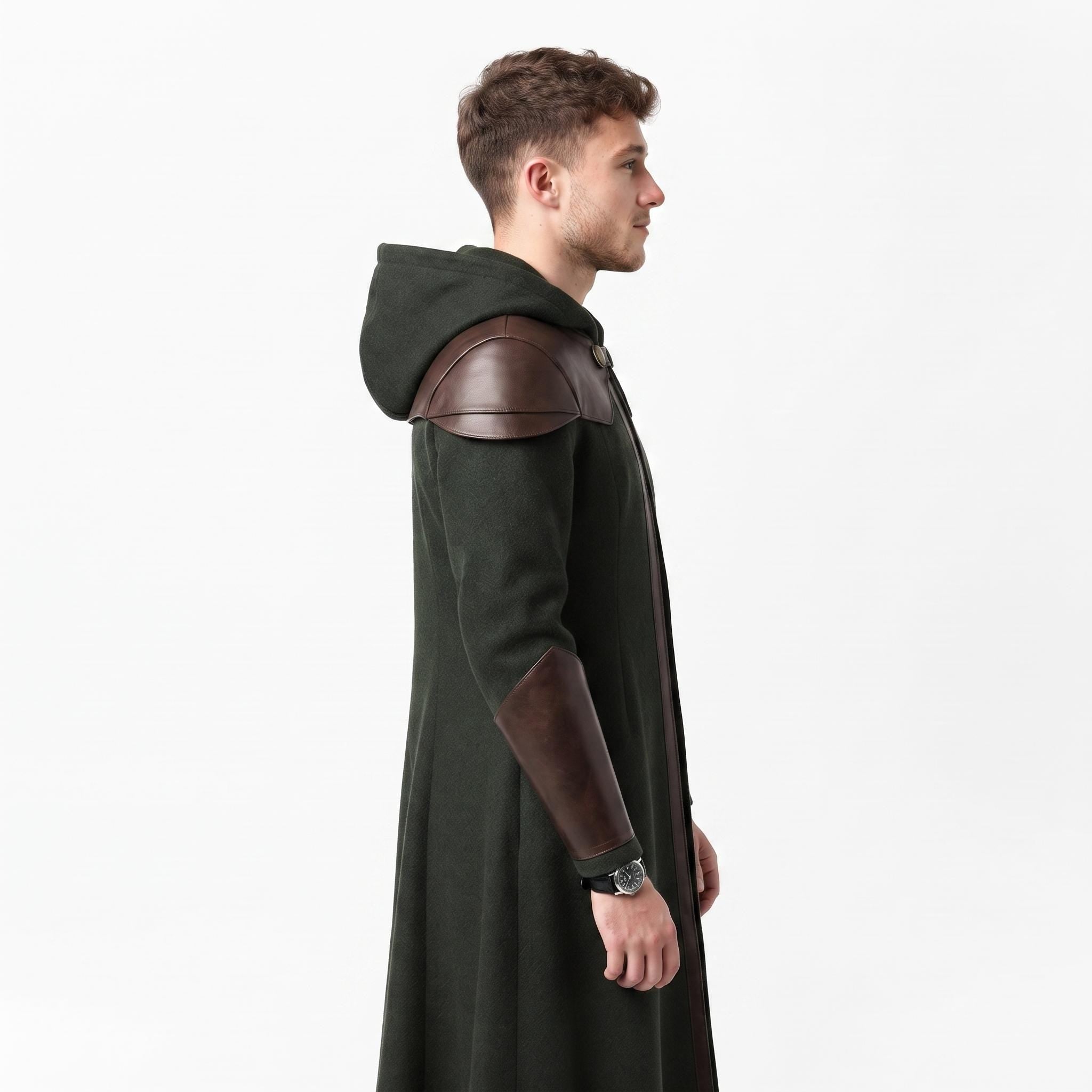 Doctor Doom Inspired Wool Coat with Leather Armor, Hooded Fantasy Cosplay Jacket