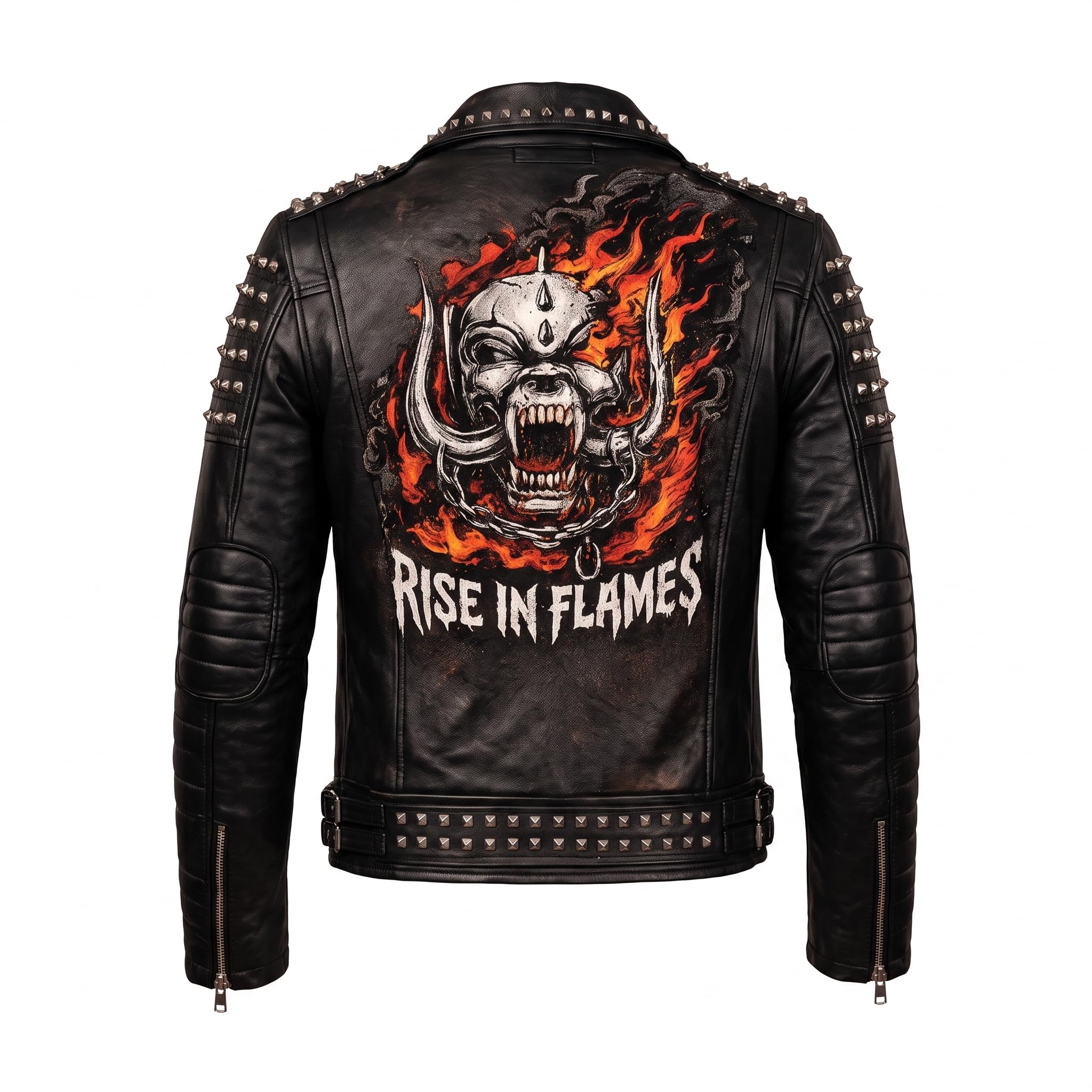 Timber&Hide Handmade Men's Black Leather Studded Biker Jacket | Custom Demon Skull Punk Rock Design