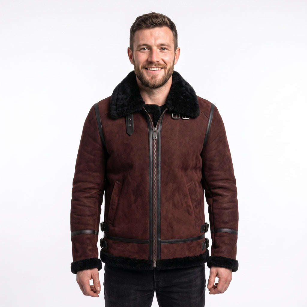 Men's Suede Shearling Aviator Jacket, Brown Leather Trim Biker Style