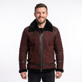 Men's Suede Shearling Aviator Jacket, Brown Leather Trim Biker Style