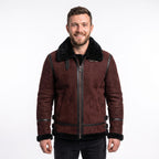 Men's Suede Shearling Aviator Jacket, Brown Leather Trim Biker Style
