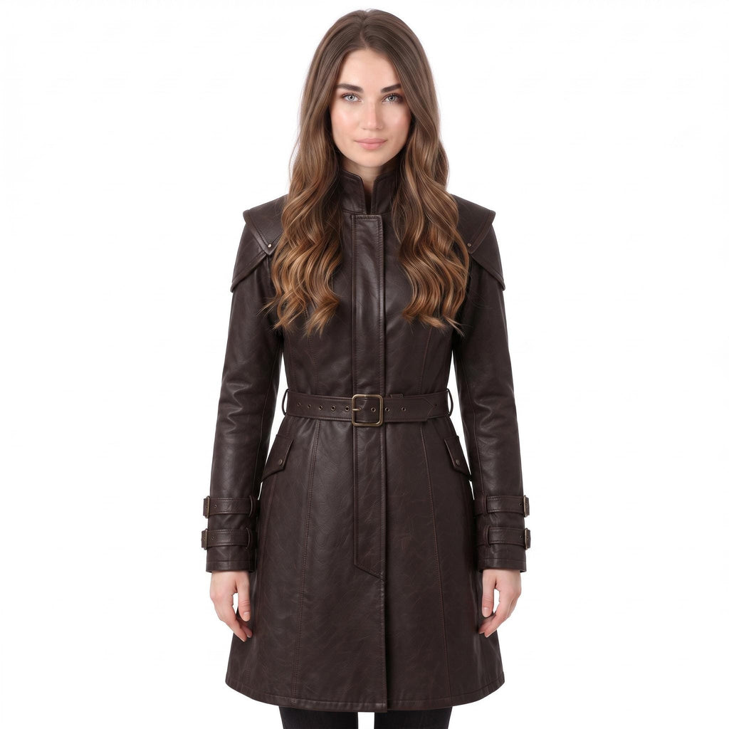 Brown Leather Trench Coat | Medieval Gothic Long Overcoat, Belted Fantasy Jacket