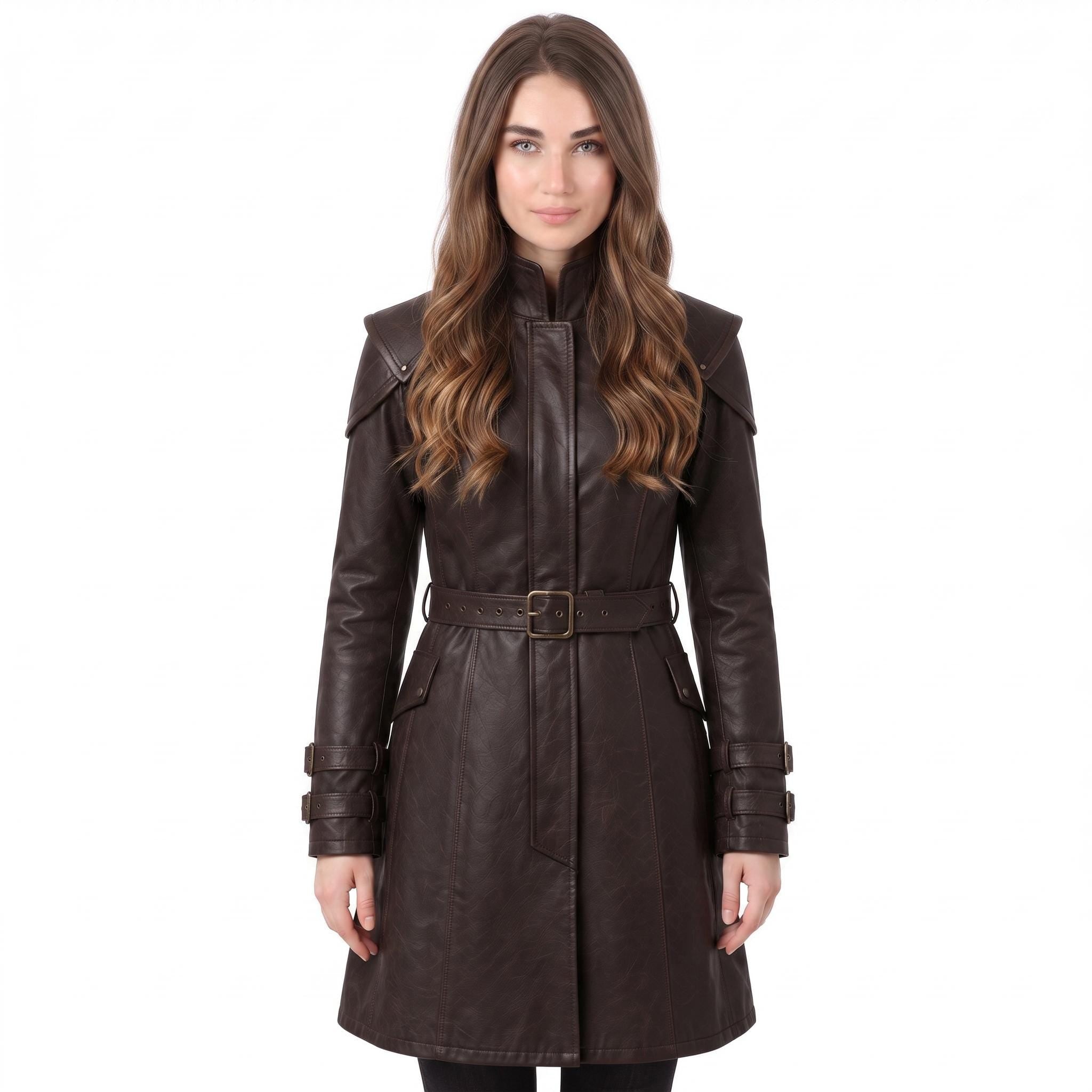 Brown Leather Trench Coat | Medieval Gothic Long Overcoat, Belted Fantasy Jacket