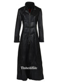 Women's Long Black Leather Trench Coat