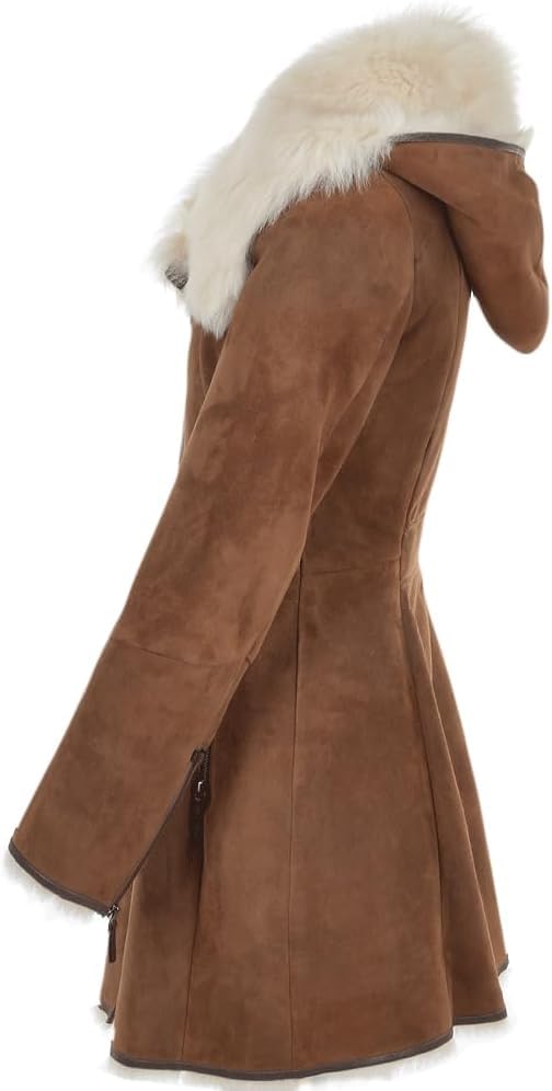Timber&Hide Luxury Hooded Toscana Coat Brown with Shearling Trim