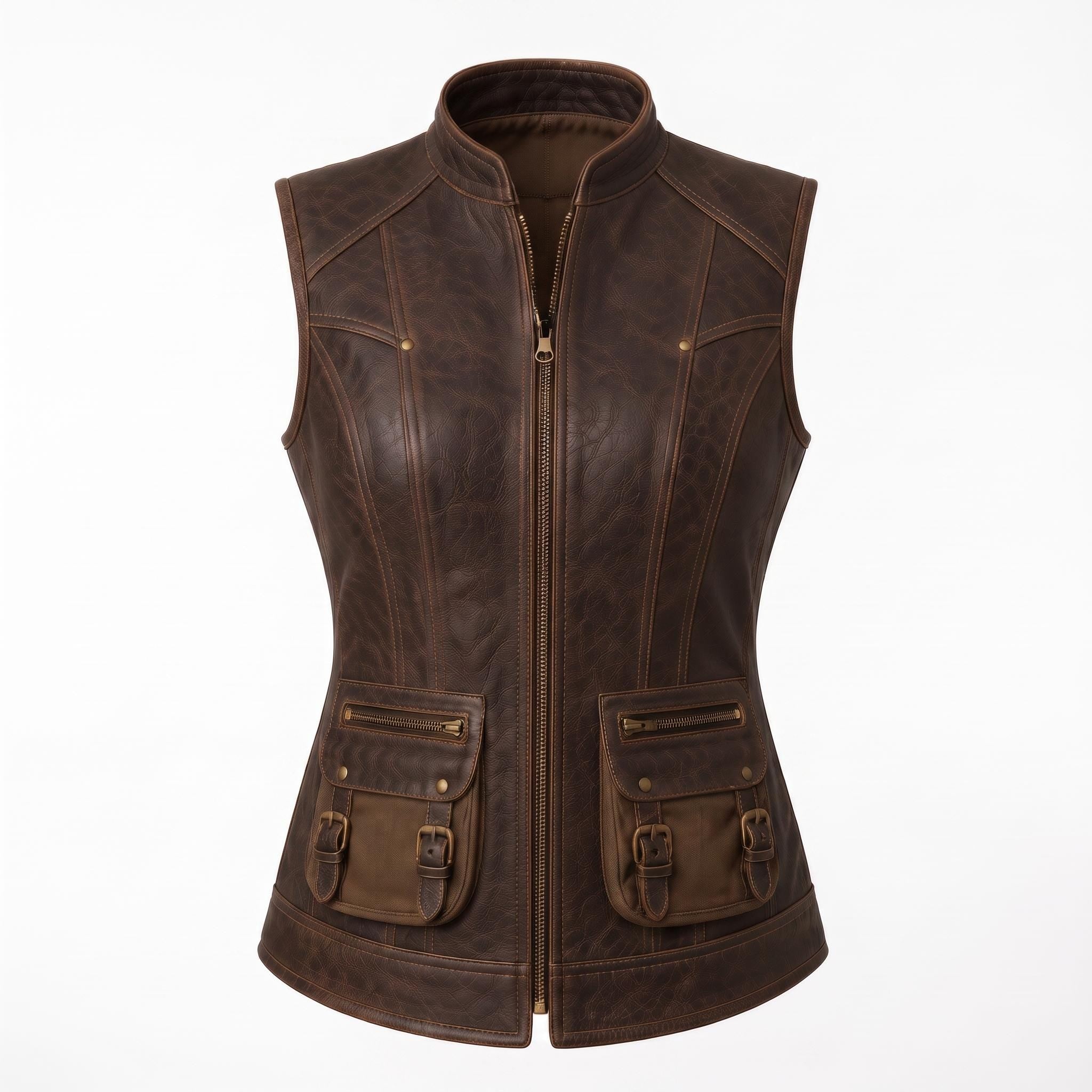 Women's Genuine Leather Utility Vest | Distressed Brown Travel Waistcoat