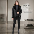 Black Crinkled Leather Aviator Jacket, Plush Shearling Trim Bomber