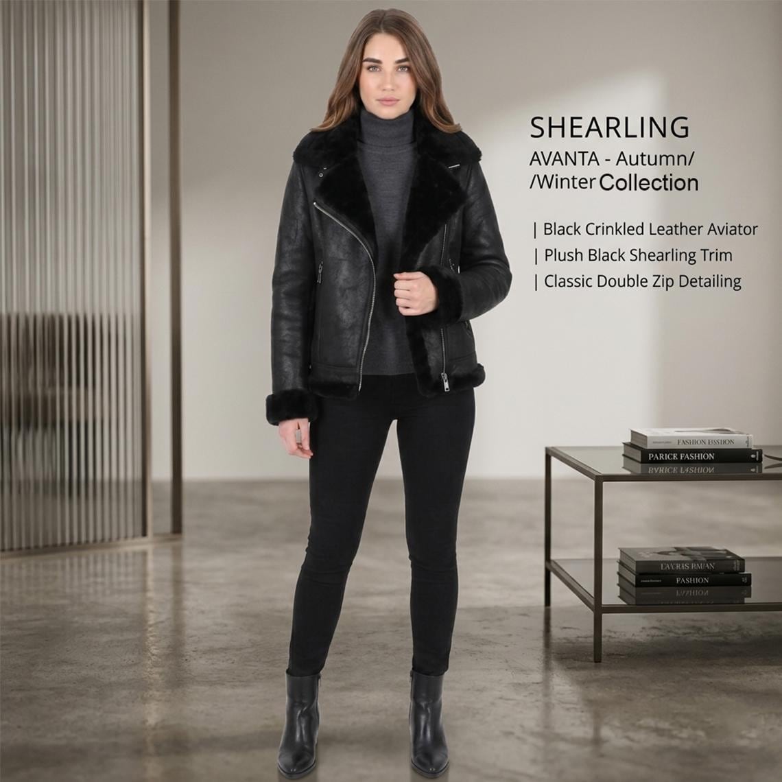 Black Crinkled Leather Aviator Jacket, Plush Shearling Trim Bomber