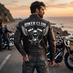 Biker Club V-Twin Engine Leather Jacket - Winged Motor Graphic Cafe Racer