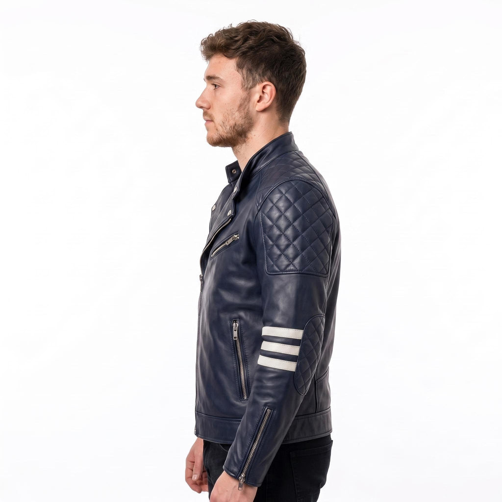 Vintage Royal Blue Leather Biker Jacket | Flaming Skull Back Graphic