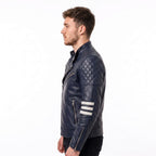 Vintage Royal Blue Leather Biker Jacket | Flaming Skull Back Graphic