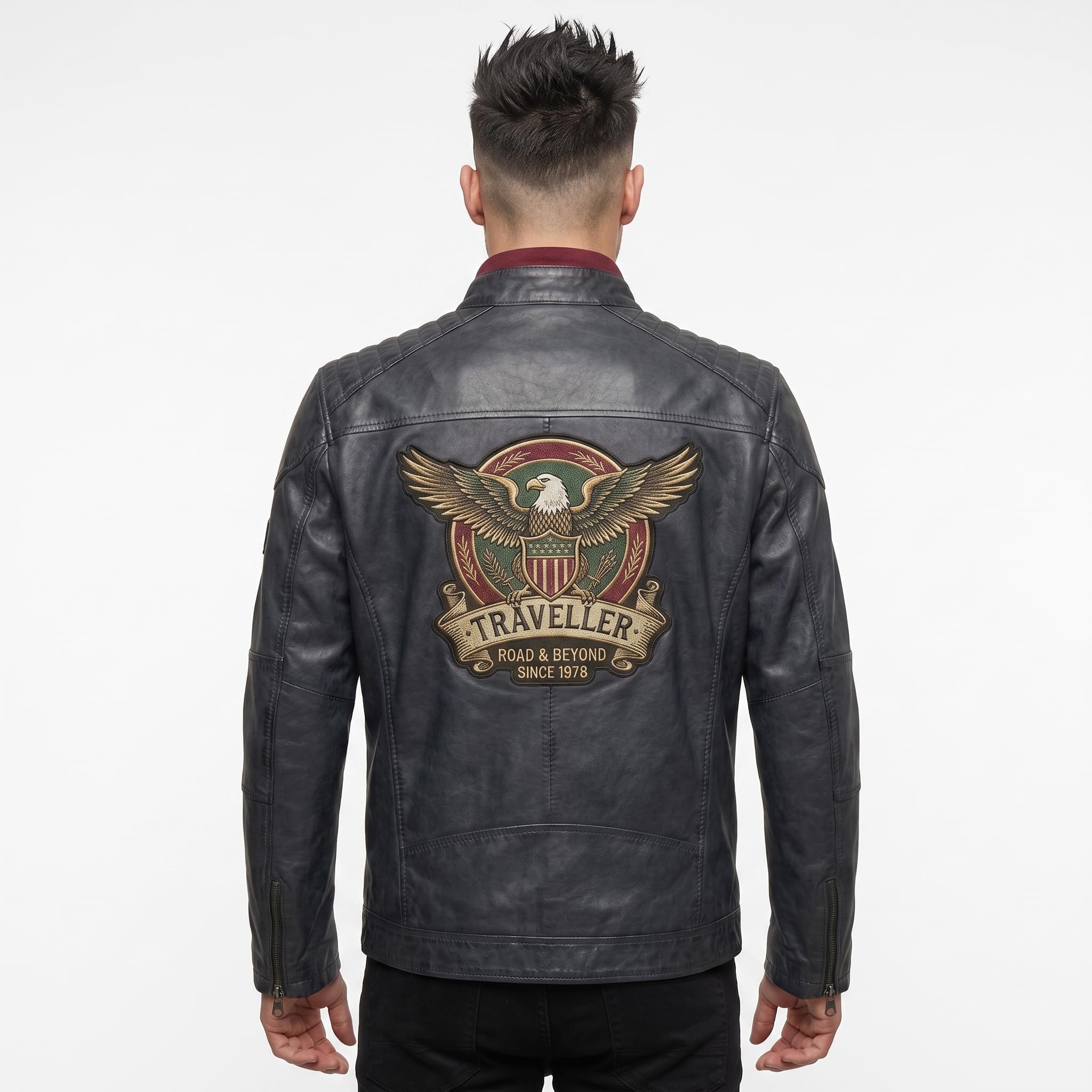 Men's Genuine Leather Black Biker Jacket with Eagle Back Patch, Handmade Vintage Cafe Racer Motorcycle Jacket