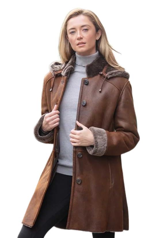 Women’s Brown Shearling Leather Coat – Genuine Leather with Faux Fur Lining | Vintage Sheepskin Coat