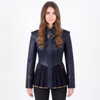 Navy Blue Leather Peplum Jacket: Victorian Military Officer Style Blazer