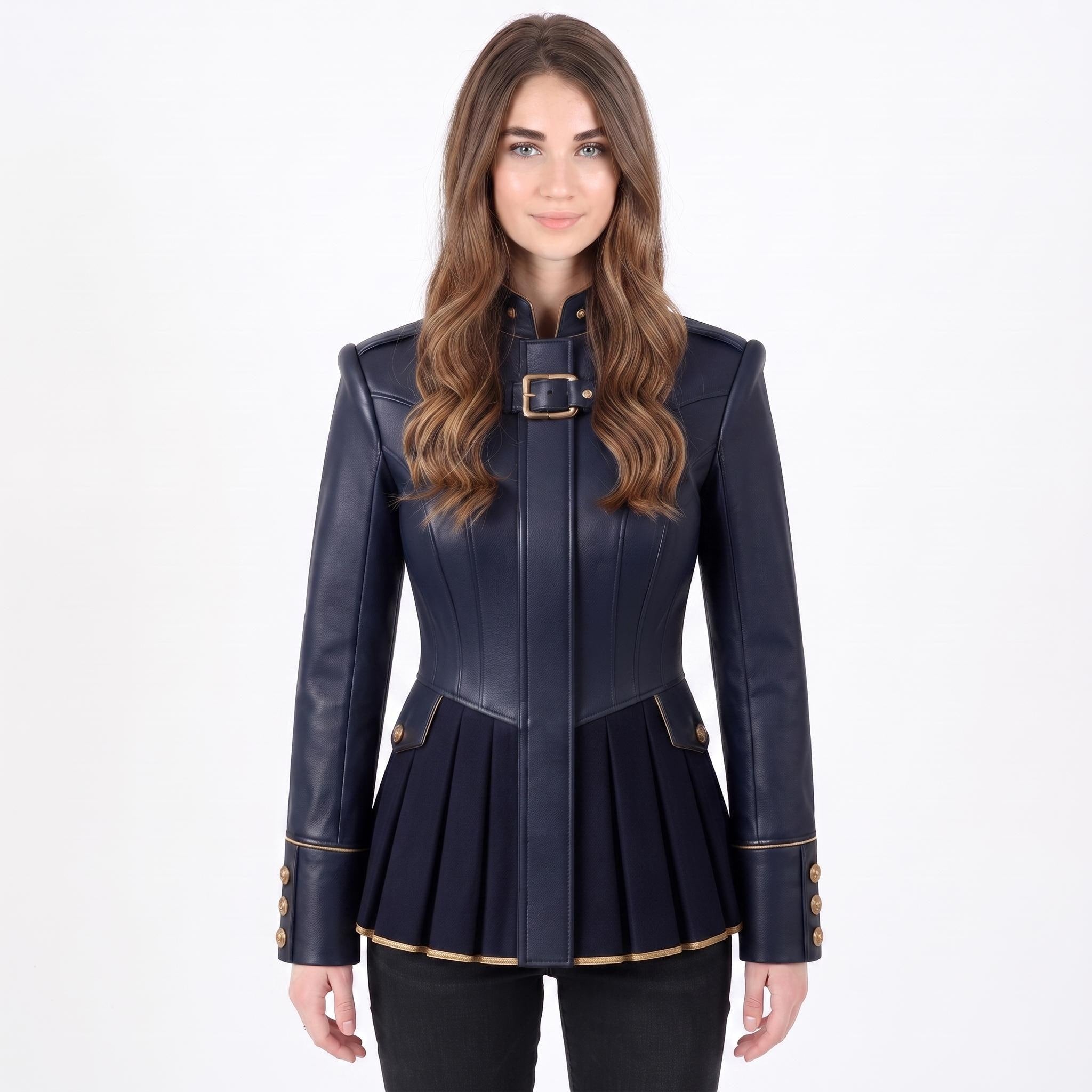 Navy Blue Leather Peplum Jacket: Victorian Military Officer Style Blazer