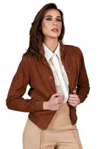 Faty Tan Suede Leather Bomber Jacket with Button Closure – Women's Classic Suede Jacket