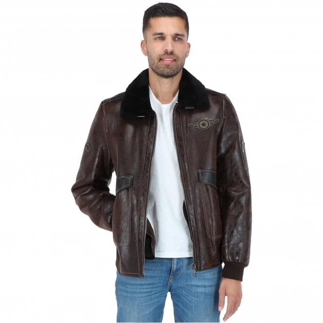 Premium Leather Aviator Jacket with Detachable Collar Black/Cream