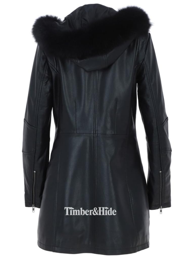 Women's Detachable Fur Hood 3/4 Leather Jacket.