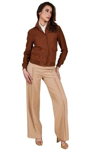 Faty Tan Suede Leather Bomber Jacket with Button Closure – Women's Classic Suede Jacket - Timber AND Hide