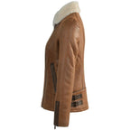 Women's Tan Leather Aviator Jacket, Sheepskin Shearling Bomber Coat, Faux Fur Collar