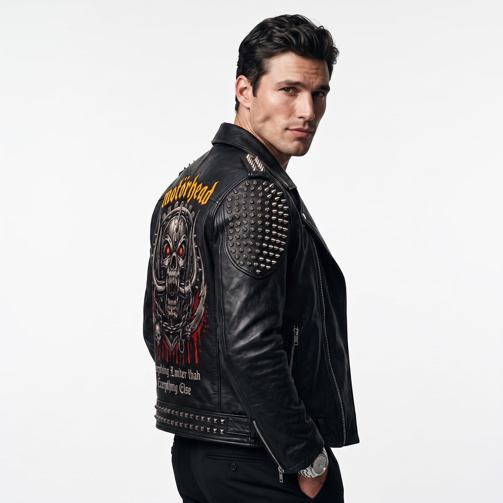 Timber&Hide Men's Crimson red Leather Biker Jacket | Studded Punk Rock Demon Skull Design