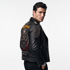 Timber&Hide Men's Crimson red Leather Biker Jacket | Studded Punk Rock Demon Skull Design