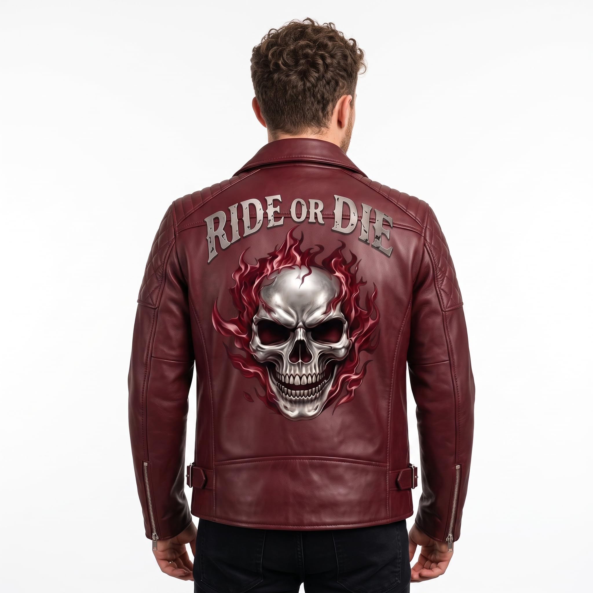 Vintage Crimson Red Skull Leather Jacket |Motorcycle Jacket with Skull Back