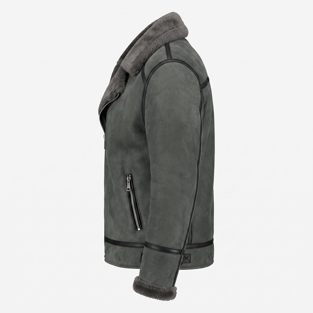 Timber&Hide Black Suede Lamb Shearling Biker Jacket with Buckle Collar – Premium Suede Shearling Jacket