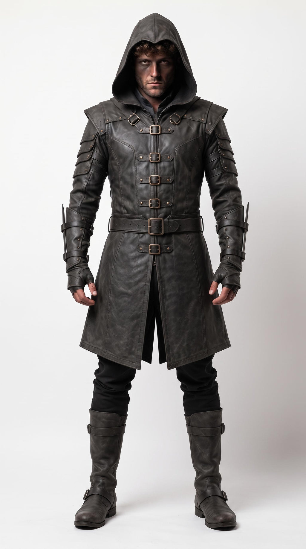Men's Hooded Leather Assassin Coat | Medieval Ranger Trench LARP Cosplay Jacket