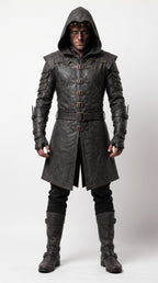 Men's Hooded Leather Assassin Coat | Medieval Ranger Trench LARP Cosplay Jacket