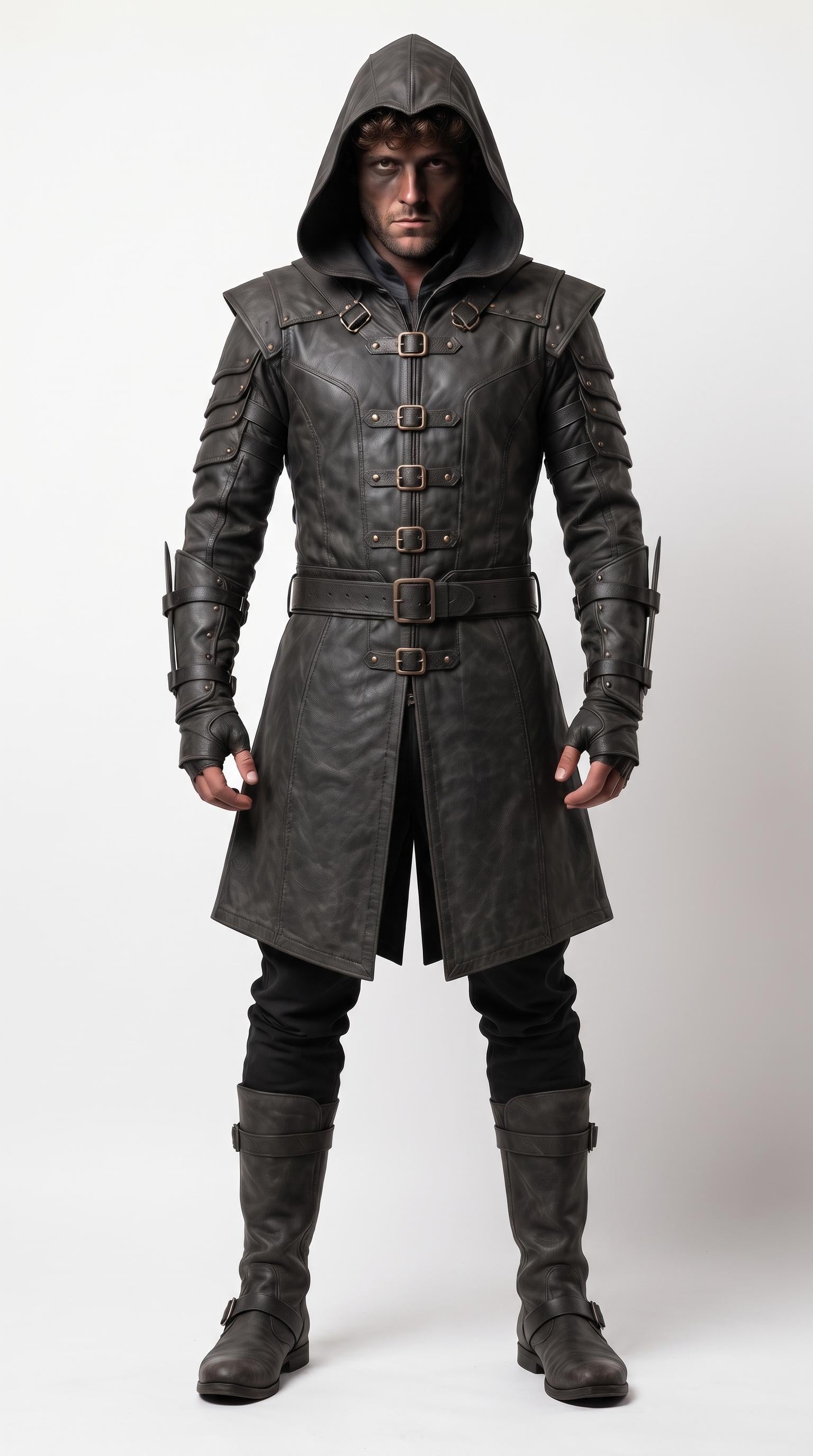 Men's Hooded Leather Assassin Coat | Medieval Ranger Trench LARP Cosplay Jacket