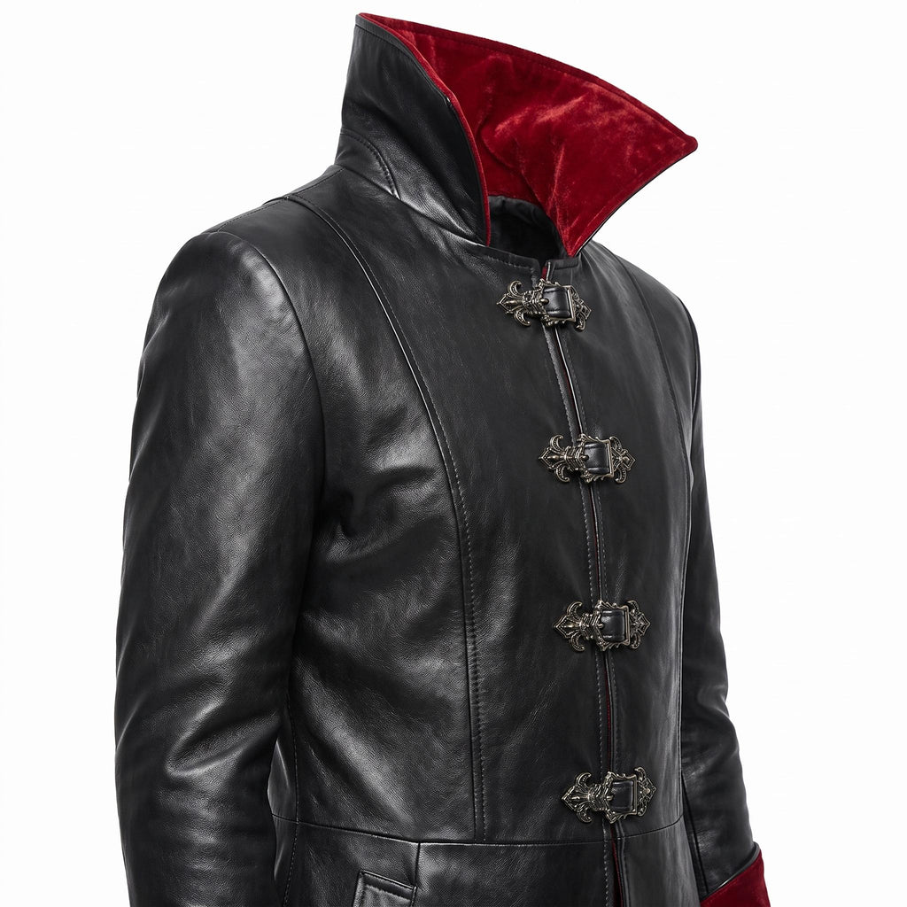 Gothic Black Faux-Leather Trench Coat with Red Accents – Victorian Duster Jacket