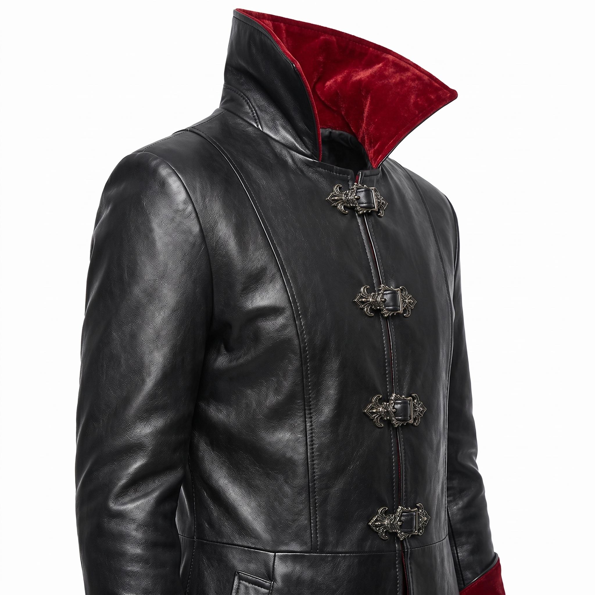 Gothic Black Faux-Leather Trench Coat with Red Accents – Victorian Duster Jacket