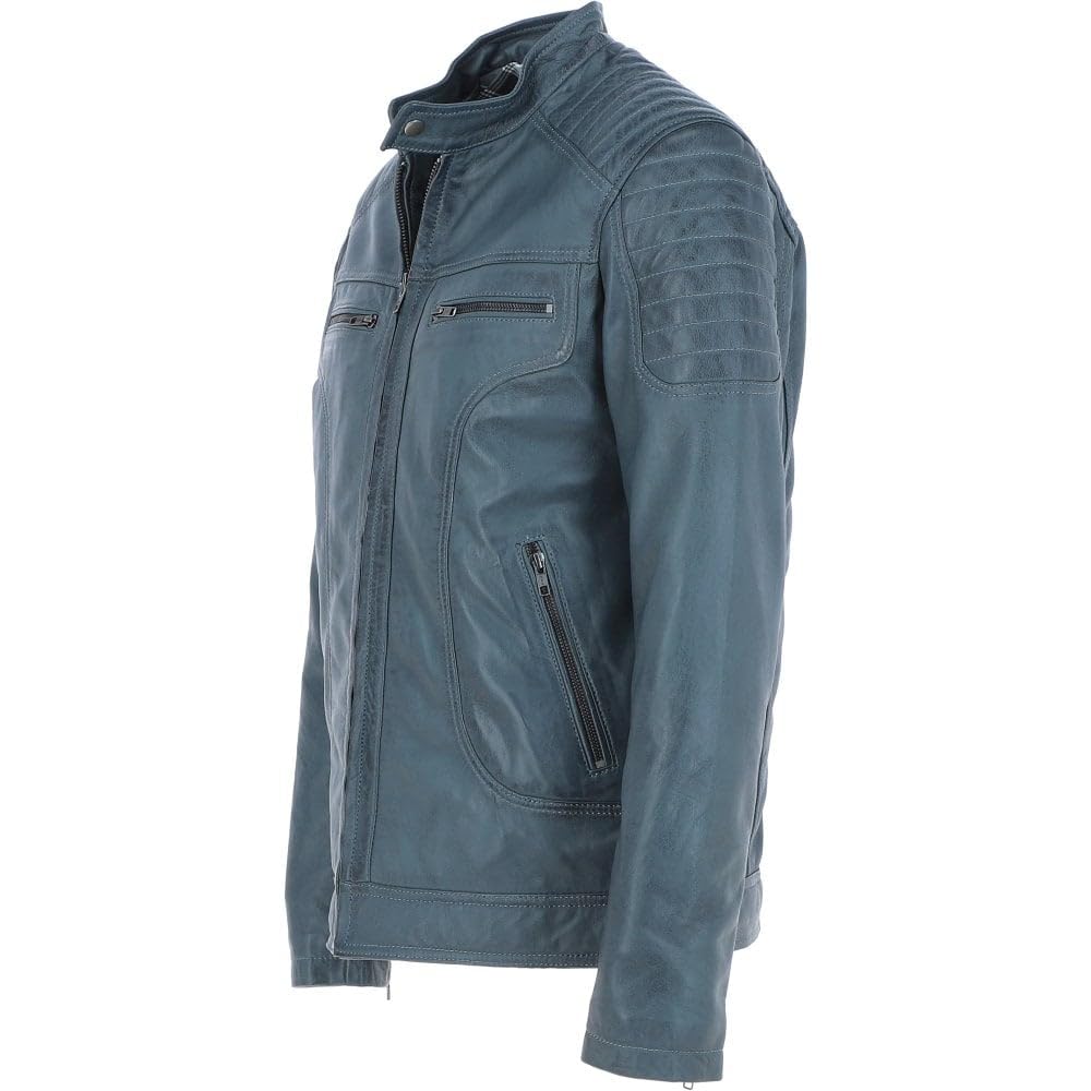 Men's Black Leather Biker Jacket with Zip Front, Multiple Pockets