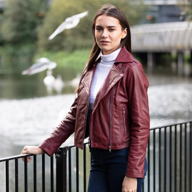 Women's Burgundy Leather Biker Jacket: Stella