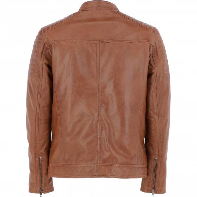 Men's Black Leather Biker Jacket with Zip Front, Multiple Pockets